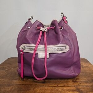 Coach Madison Purple Leather Drawstring Bucket Bag Pink Trim Hobo F25662 Medium